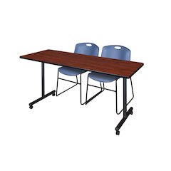 66 x 24 in. Mobile T-Base Training Table- Cherry, 2 Zeng Stack Chairs- Blue