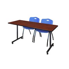 66 x 24 in. Mobile T-Base Training Table- Cherry, 2 M Stack Chairs- Blue