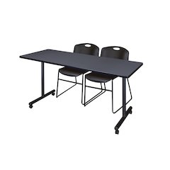 66 x 24 in. Mobile T-Base Training Table- Grey, 2 Zeng Stack Chairs- Black