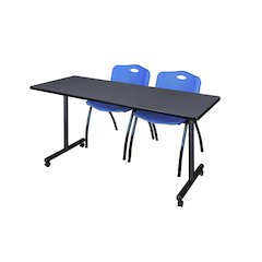 66 x 24 in. Mobile T-Base Training Table- Grey, 2 M Stack Chairs- Blue
