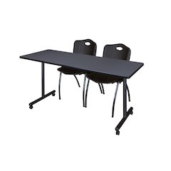 66 x 24 in. Mobile T-Base Training Table- Grey, 2 M Stack Chairs- Black