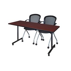 66 x 24 in. Mobile T-Base Training Table- Mahogany, 2 Cadence Nesting Chairs