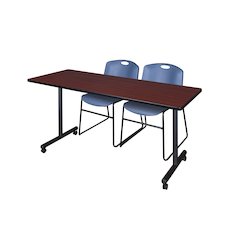 66 x 24 in. Mobile T-Base Training Table- Mahogany, 2 Zeng Stack Chairs- Blue