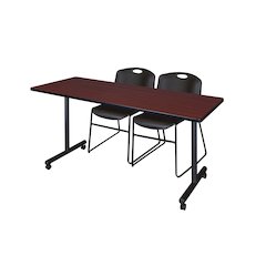 66 x 24 in. Mobile T-Base Training Table- Mahogany, 2 Zeng Stack Chairs- Black