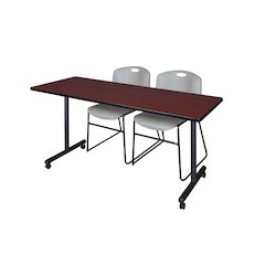 66 x 24 in. Mobile T-Base Training Table- Mahogany, 2 Zeng Stack Chairs- Grey