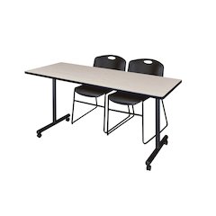 66 x 24 in. Mobile T-Base Training Table- Maple, 2 Zeng Stack Chairs- Black