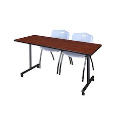 72 x 24 in. Mobile T-Base Training Table- Cherry, 2 M Stack Chairs- Grey