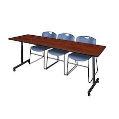 84 x 24 in. Mobile T-Base Training Table- Cherry, 2 Zeng Stack Chairs- Blue