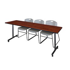 84 x 24 in. Mobile T-Base Training Table- Cherry, 2 Zeng Stack Chairs- Grey
