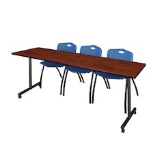 84 x 24 in. Mobile T-Base Training Table- Cherry, 2 M Stack Chairs- Blue