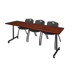 84 x 24 in. Mobile T-Base Training Table- Cherry, 2 M Stack Chairs- Black