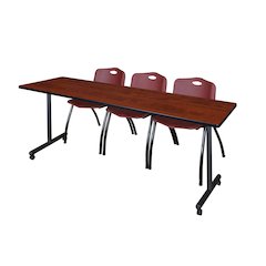 84 x 24 in. Mobile T-Base Training Table- Cherry, 2 M Stack Chairs- Burgundy