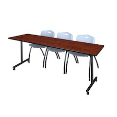84 x 24 in. Mobile T-Base Training Table- Cherry, 2 M Stack Chairs- Grey