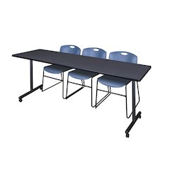 84 x 24 in. Mobile T-Base Training Table- Grey, 2 Zeng Stack Chairs- Blue