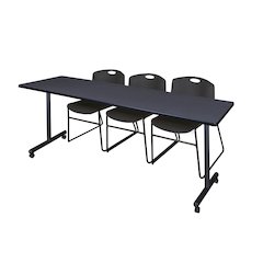 84 x 24 in. Mobile T-Base Training Table- Grey, 2 Zeng Stack Chairs- Black