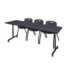 84 x 24 in. Mobile T-Base Training Table- Grey, 2 M Stack Chairs- Black