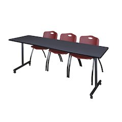 84 x 24 in. Mobile T-Base Training Table- Grey, 2 M Stack Chairs- Burgundy