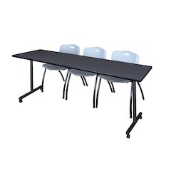 84 x 24 in. Mobile T-Base Training Table- Grey, 2 M Stack Chairs- Grey