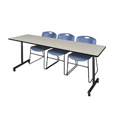 84 x 24 in. Mobile T-Base Training Table- Maple, 2 Zeng Stack Chairs- Blue
