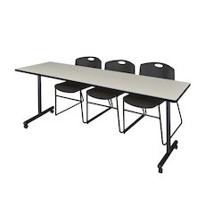 84 x 24 in. Mobile T-Base Training Table- Maple, 2 Zeng Stack Chairs- Black