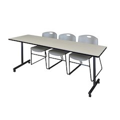 84 x 24 in. Mobile T-Base Training Table- Maple, 2 Zeng Stack Chairs- Grey