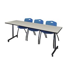 84 x 24 in. Mobile T-Base Training Table- Maple, 2 M Stack Chairs- Blue