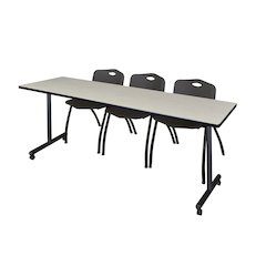 84 x 24 in. Mobile T-Base Training Table- Maple, 2 M Stack Chairs- Black