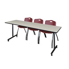 84 x 24 in. Mobile T-Base Training Table- Maple, 2 M Stack Chairs- Burgundy