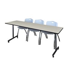 84 x 24 in. Mobile T-Base Training Table- Maple, 2 M Stack Chairs- Grey