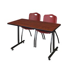 48 x 24 in. T-Base Training Seminar Table- Cherry, 2 M Stack Chairs- Burgundy
