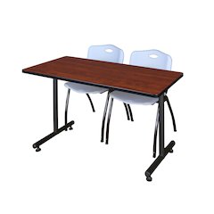 48 x 24 in. T-Base Training Seminar Table- Cherry, 2 M Stack Chairs- Grey
