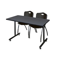 48 x 24 in. T-Base Training Seminar Table- Grey, 2 M Stack Chairs- Black