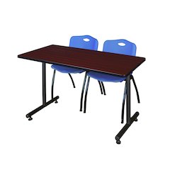48 x 24 in. T-Base Training Seminar Table- Mahogany, 2 M Stack Chairs- Blue