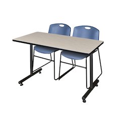 48 x 24 in. T-Base Training Seminar Table- Maple, 2 Zeng Stack Chairs- Blue
