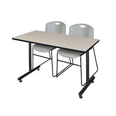 48 x 24 in. T-Base Training Seminar Table- Maple, 2 Zeng Stack Chairs- Grey