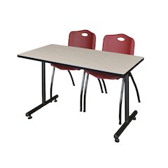 48 x 24 in. T-Base Training Seminar Table- Maple, 2 M Stack Chairs- Burgundy
