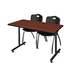 48 x 30 in. T-Base Training Seminar Table- Cherry, 2 M Stack Chairs- Black