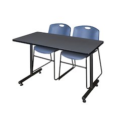 48 x 30 in. T-Base Training Seminar Table- Grey, 2 Zeng Stack Chairs- Blue