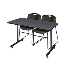 48 x 30 in. T-Base Training Seminar Table- Grey, 2 Zeng Stack Chairs- Black