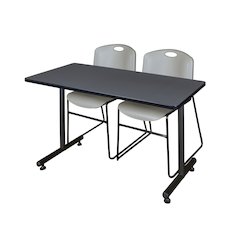 48 x 30 in. T-Base Training Seminar Table- Grey, 2 Zeng Stack Chairs- Grey