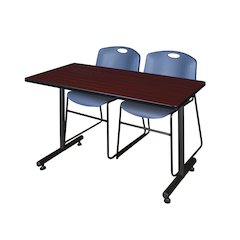 48 x 30 in. T-Base Training Seminar Table- Mahogany, 2 Zeng Stack Chairs- Blue