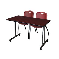 48 x 30 in. T-Base Training Seminar Table- Mahogany, 2 M Stack Chairs- Burgundy