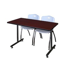 48 x 30 in. T-Base Training Seminar Table- Mahogany, 2 M Stack Chairs- Grey