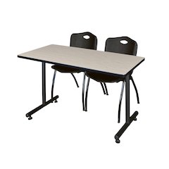 48 x 30 in. T-Base Training Seminar Table- Maple, 2 M Stack Chairs- Black