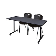 60 x 24 in. T-Base Training Seminar Table- Grey, 2 M Stack Chairs- Black