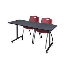 60 x 24 in. T-Base Training Seminar Table- Grey, 2 M Stack Chairs- Burgundy