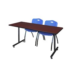 60 x 24 in. T-Base Training Seminar Table- Mahogany, 2 M Stack Chairs- Blue