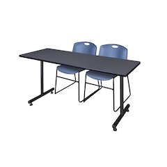 60 x 30 in. T-Base Training Seminar Table- Grey, 2 Zeng Stack Chairs- Blue