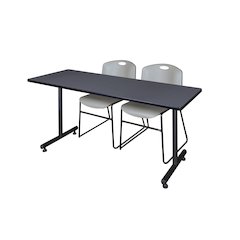 60 x 30 in. T-Base Training Seminar Table- Grey, 2 Zeng Stack Chairs- Grey