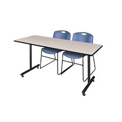 60 x 30 in. T-Base Training Seminar Table- Maple, 2 Zeng Stack Chairs- Blue